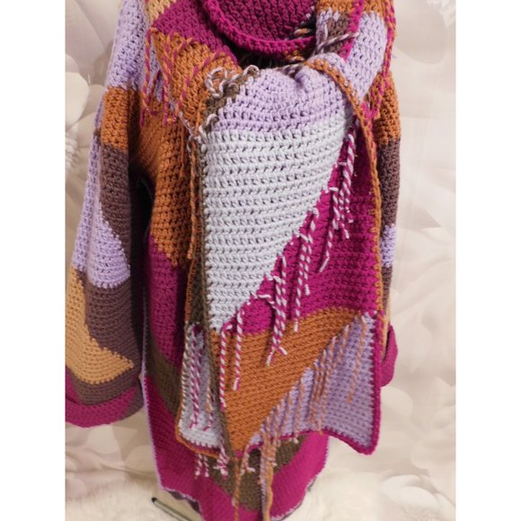 Crochet Brown Lavendar Long Sweater with Fringe Scarf L/XL - Picture 4 of 9